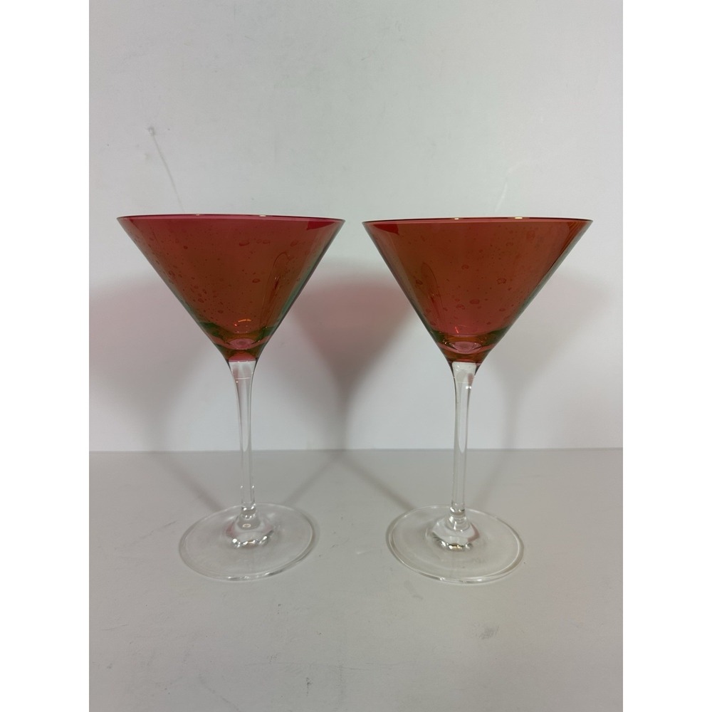 Red To Clear Martini Glasses  7 1/8" Set Of 2 Art Deco/MCM Cranberry Pair
